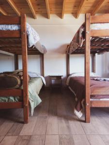 a bedroom with two bunk beds and a wooden ceiling at Hostel Luan Posada de Montaña in Trevelín