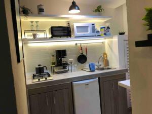 - une cuisine avec évier et four micro-ondes sur une étagère dans l'établissement Apartaestudio#7 ITESM aire acondicionado & cochera, à Laborcillas