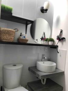 ein Badezimmer mit einem Waschbecken, einem WC und einem Spiegel in der Unterkunft Apartaestudio#7 ITESM aire acondicionado sin cochera in Laborcillas