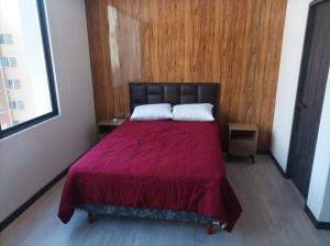 um quarto com uma cama com uma colcha vermelha e almofadas brancas em Cómodo y céntrico mono ambiente em La Paz