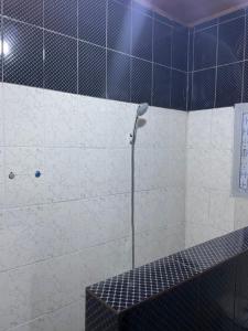 La salle de bains est pourvue d'une douche et de carrelage bleu et blanc. dans l'établissement La Maison Du Voyageur, à Kribi