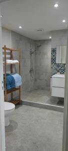 uma casa de banho com um chuveiro, um WC e um lavatório. em Logement cozy avec Jardin em Arue