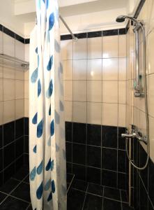 a bathroom with a shower with a black and white at Studios Λύδια in Paralía Skotínis +114 photos