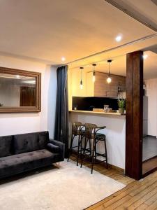 uma sala de estar com um sofá e uma cozinha com um bar em Appartement en bord de Seine em Rouen