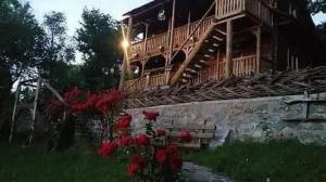 dom ze schodami i kwiatami w trawie w obiekcie Pensiunea La Gorgan w mieście Vadu Izei