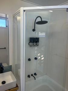 a bathroom with a shower and a sink at Hinchinbrook Riverview Retreat in Upper Stone