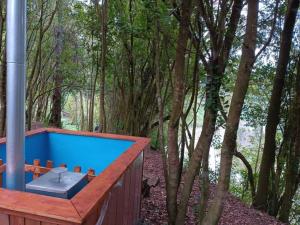 a hot tub in a wooded area next to a forest at Casa en Futrono - Llifén-Ranco (tinaja adicional) in Futrono