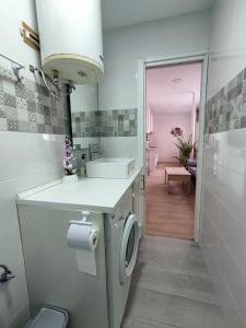 Apartamento Delux1 في فالنسيا: حمام مع مغسلة وغسالة ملابس