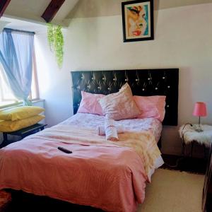 1 dormitorio con 1 cama grande con sábanas rosas en Room in BB - Zagorskis Bed and breakfast close to the beach and commodities, en Ciudad del Cabo