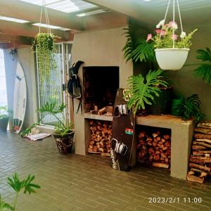 una habitación con un montón de plantas y una chimenea en Room in BB - Zagorskis Bed and breakfast close to the beach and commodities, en Ciudad del Cabo