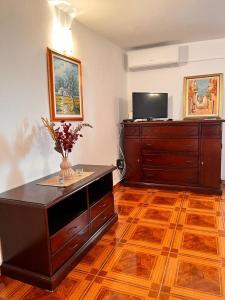 a living room with a dresser with a television on it at Apartments Zukanovic in Fažana +22 photos