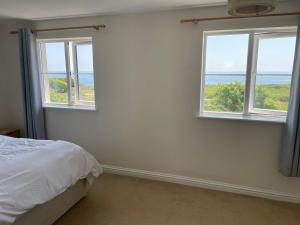 Southwell的住宿－Sea views，一间卧室设有2扇窗户,享有海景