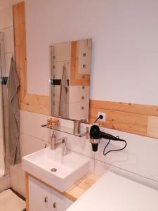 een badkamer met een wastafel en een spiegel bij Ferienwohnung Helli in Teisendorf
