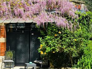 Czarne drzwi z fioletowymi wisteriami wiszącymi nad nimi w obiekcie La Villa 1901 w Nancy