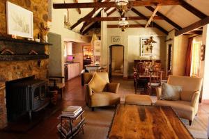 a living room with a fireplace and a stone wall at Eden Rain in Dullstroom