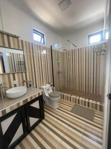 La salle de bains est pourvue de toilettes, d'un lavabo et d'une douche. dans l'établissement Villa Coco, à Trou aux Biches