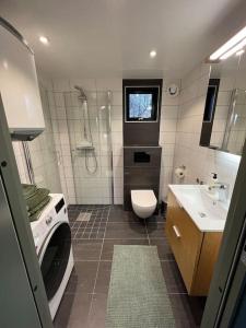 un piccolo bagno con servizi igienici e lavandino di Attefallhus Blixtorps Golfbana a Varberg