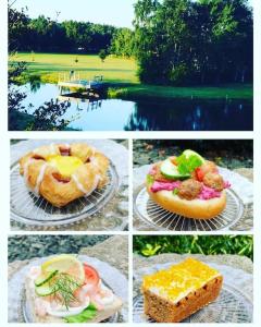 a collage of four pictures of food on plates at Attefallhus Blixtorps Golfbana in Varberg