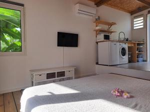 a room with a bed and a kitchen with a microwave at La belle Cabane in Saint-Leu