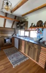 a kitchen with stainless steel appliances and wooden floors at Cozy 3 bedroom mountain villa with scenic views in Novoberdo