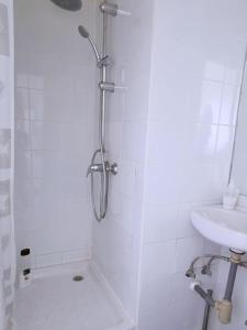 y baño con ducha y lavamanos. en Apartamentos TravelStep La Latina, en Madrid