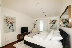 a bedroom with a large bed and a television at ~ Regensburg schönstes Appartment~ in Sinzing