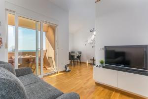 uma sala de estar com uma grande TV de tela plana em Apartment Paradiso with Sea View em Karigador