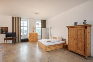 um quarto com uma cama, um frigorífico e uma televisão em Sonnenschloss em Walbeck