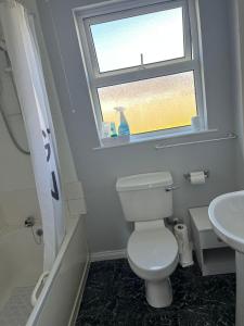a bathroom with a toilet and a sink and a window at Armada Cottages Bundoran in Bundoran