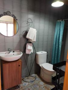 Un baño con inodoro, lavabo y espejo. en Pension Gabino (rooms), en El Ganso