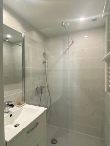 W łazience znajduje się szklana kabina prysznicowa i umywalka. w obiekcie Chez Tony w mieście Périgueux
