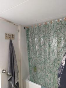 リョレート・デ・マルにあるEstudio ARTの緑と白の模様のバスルーム(シャワーカーテン付)