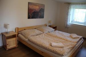 um quarto com uma cama com duas almofadas em Apartmány U Zvoničky em Prachov