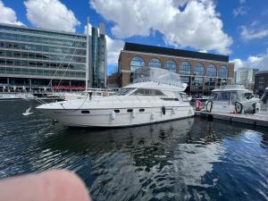 Yacht -Central London St Kats Dock Tower Bridge في لندن: يتم رسو قارب أبيض في الميناء