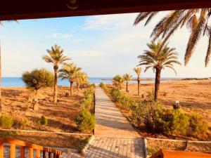a path leading to the beach with palm trees at Paradise Karpaz Hotel & Restaurant in Rizokarpaso
