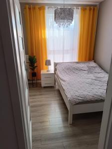 een slaapkamer met een bed en een raam bij Centrum Haus in Giżycko
