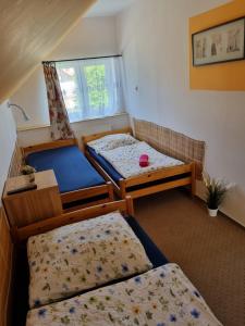 a room with two beds and a bed and a window at Penzion U našich in Mladé Buky