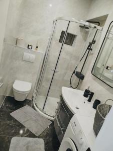 a bathroom with a shower and a sink and a toilet at Apartment Aurora in Hvar