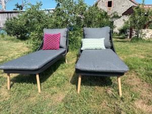 dos sillas con almohadas en ellas sentadas en el césped en Gite du Grand Chene, en Saint-Léger-Magnazeix