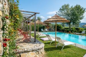 a pool with chairs and umbrellas next to a building at Terre di Baccio in Greve in Chianti