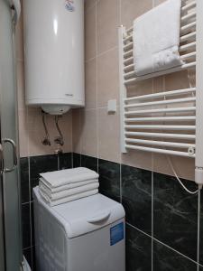 a bathroom with a toilet and a towel dispenser at Amethyst apartment in Igalo