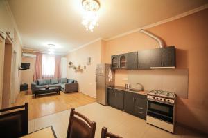提比里斯的住宿－Cozy, beautiful apartment in the center of Tbilisi，厨房以及带炉灶和沙发的客厅。