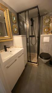 La salle de bains est pourvue d'un lavabo, d'une douche et de toilettes. dans l'établissement Superbe Duplex au Coeur de Montorgueil, à Paris