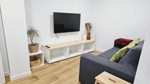 een woonkamer met een bank en een tv aan de muur bij Apartamento Noray Bermeo in Bermeo