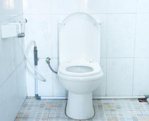 een wit toilet in een badkamer met een slang bij Mentigen Homestay in Ngadisari