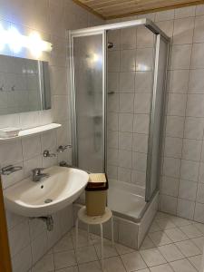 a bathroom with a sink and a shower at Waldschlössl Gasthof in Sankt Lorenzen ob Murau