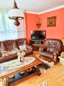 a living room with leather furniture and a tv at Domek u Czesi 