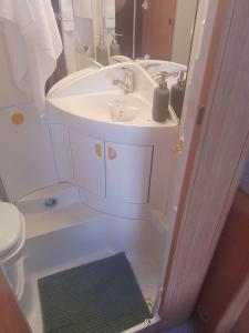uma casa de banho com um lavatório, um WC e um espelho. em TerraOliva&herbs em Vátos