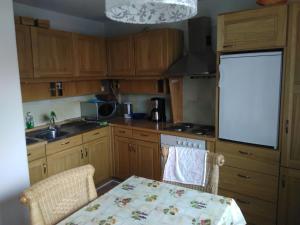 a kitchen with a table and a white refrigerator at Ferienwohnung Am Himmel in Birx