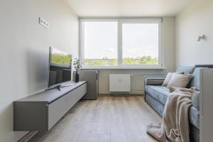 uma sala de estar com uma televisão e um sofá em Mini-Home Apartamentai em Klaipėda
